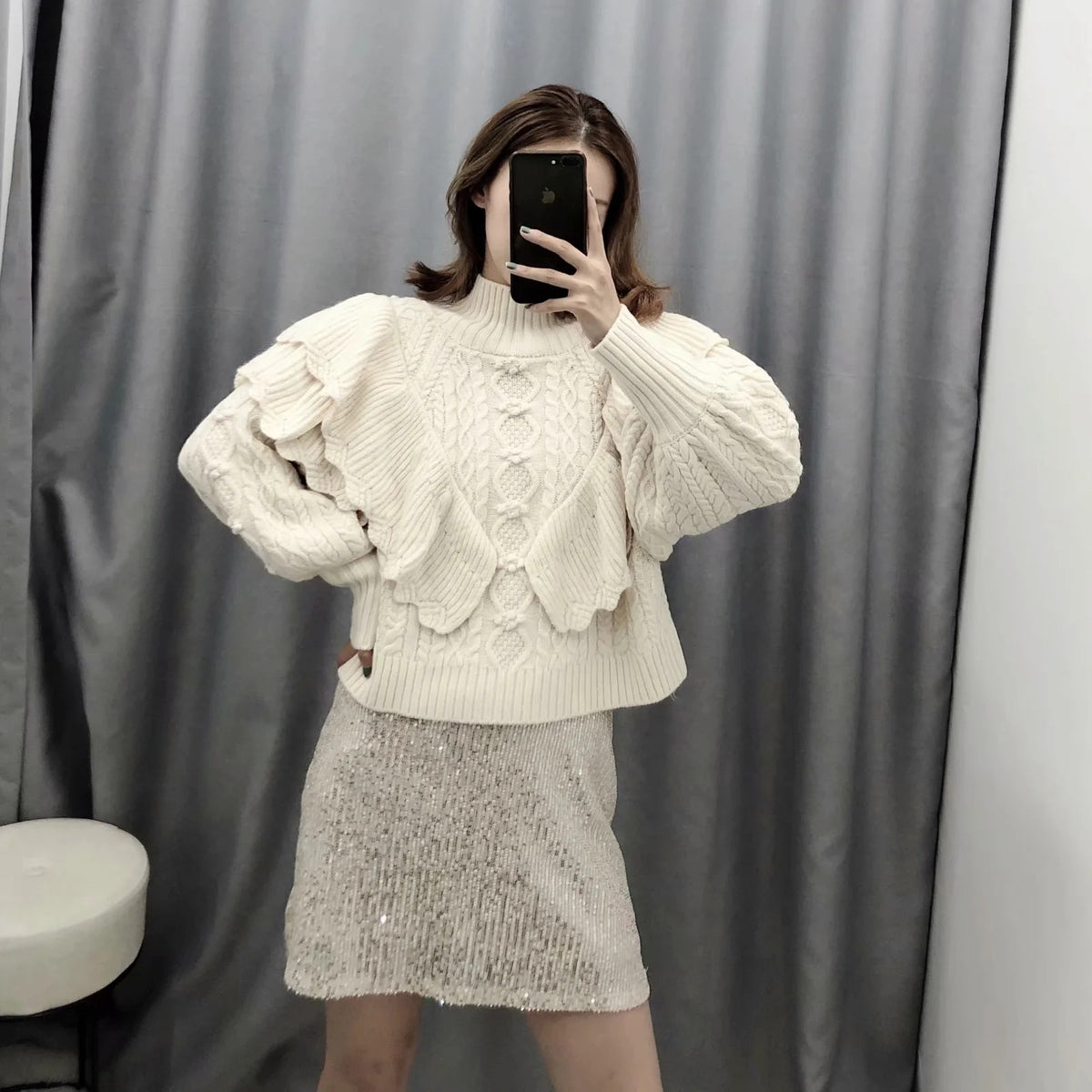 High Collar Ruffles Lantern Sleeves Knit Geometry Sweater
