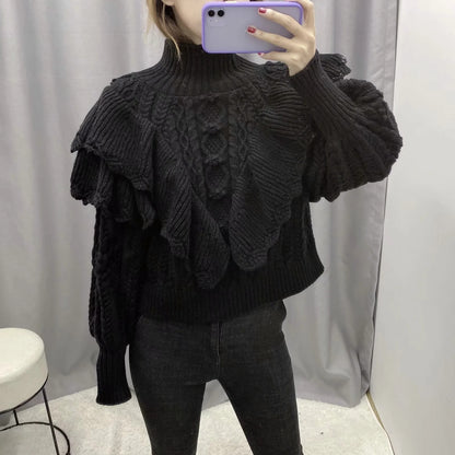 High Collar Ruffles Lantern Sleeves Knit Sweater