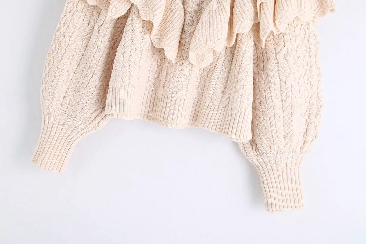 High Collar Ruffles Lantern Sleeves Knit Sweater