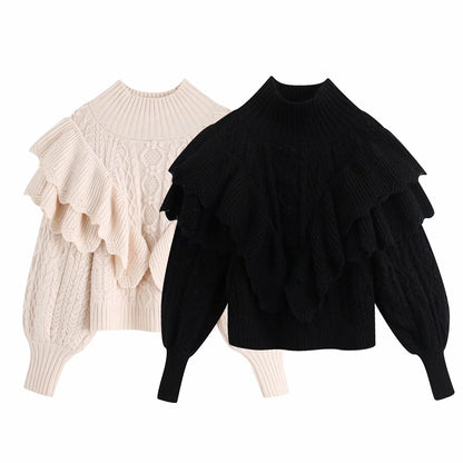 High Collar Ruffles Lantern Sleeves Knit Geometry Sweater
