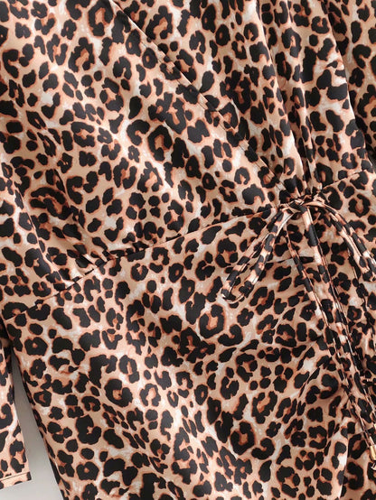 V-neck Leopard Pleated Slit Drawstring Midi Dresses