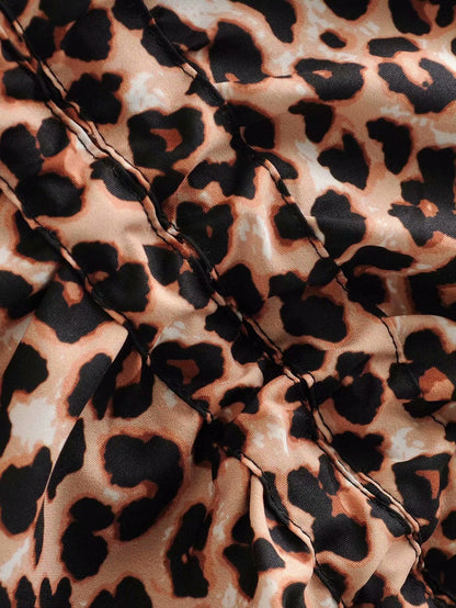 V-neck Leopard Pleated Slit Drawstring Midi Dresses