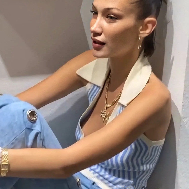 Single-breasted Knit Pile Collar Crop Camis Tank Tops Blouses