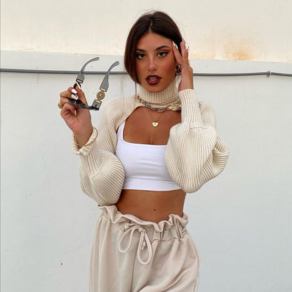 Casual Turtleneck Lantern Sleeve Cutout Cropped Knit Sweater