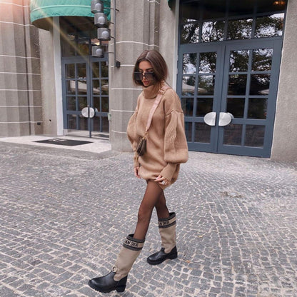 Knit Lantern Sleeve High Collar Sweater Mini Dresses