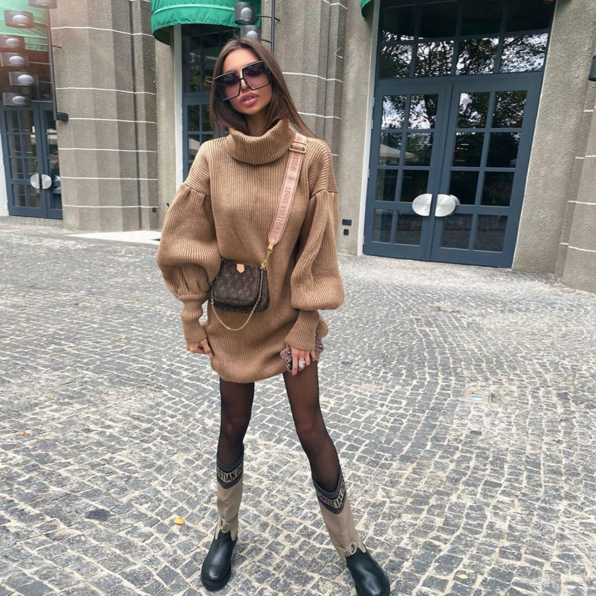 Knit Lantern Sleeve High Collar Sweater Mini Dresses