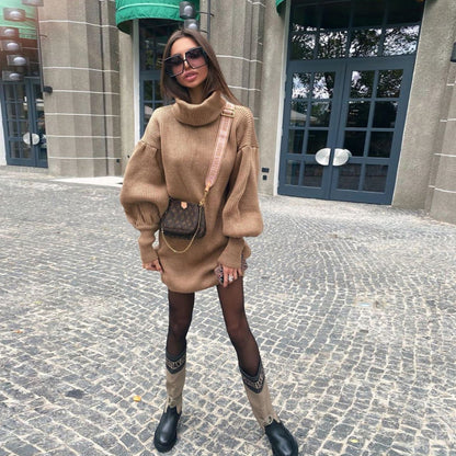 Knit Lantern Sleeve High Collar Sweater Mini Dresses