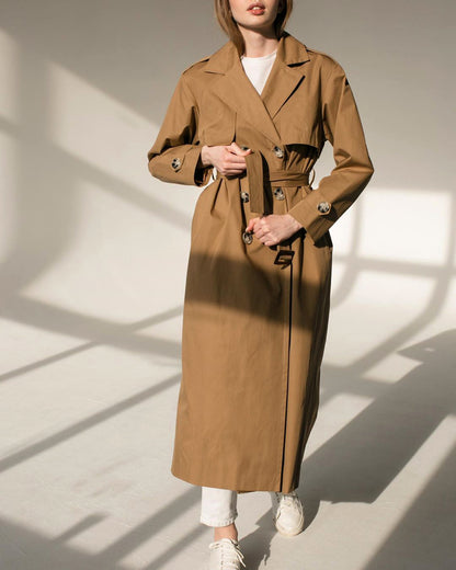Splicing Lapel Lace-up Belt Windbreaker Coat