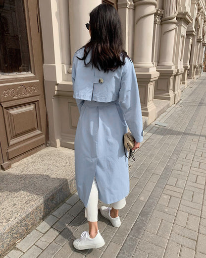 Splicing Lapel Lace-up Belt Windbreaker Coat