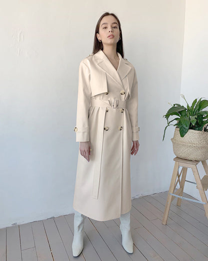 Splicing Lapel Lace-up Belt Windbreaker Coat