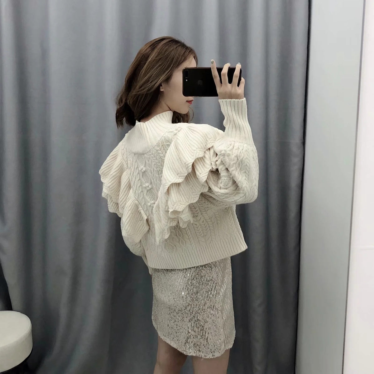 High Collar Ruffles Lantern Sleeves Knit Sweater