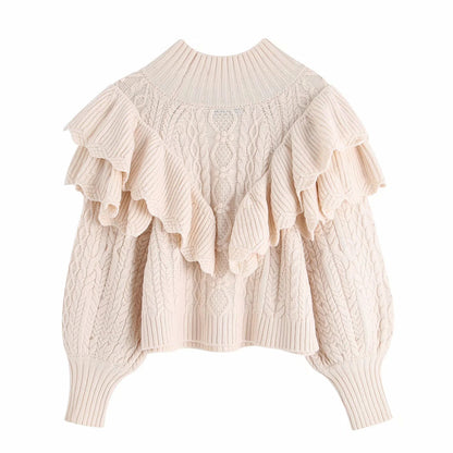 High Collar Ruffles Lantern Sleeves Knit Sweater