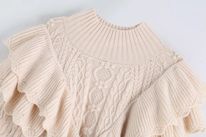 High Collar Ruffles Lantern Sleeves Knit Sweater