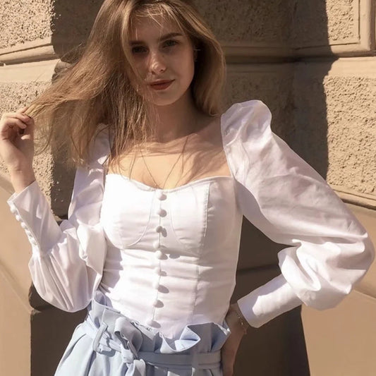 Square Collar Lantern Sleeve Backless Tie-Back Shirts Blouses Crop Tops