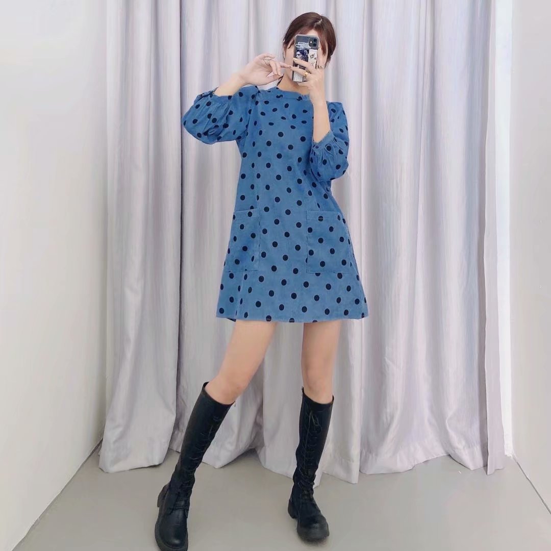 Polka Dot Lantern Sleeve Corduroy Mini Dresses