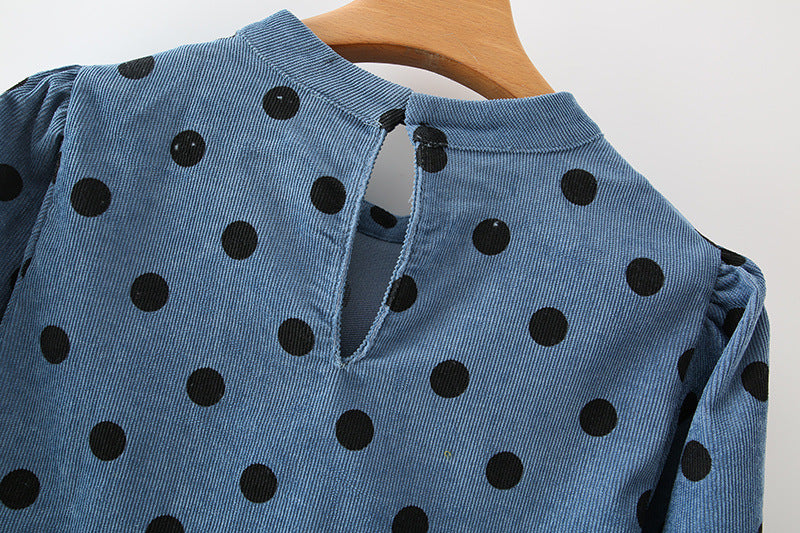 Polka Dot Lantern Sleeve Corduroy Mini Dresses