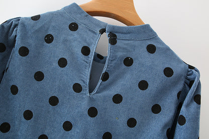 Polka Dot Lantern Sleeve Corduroy Mini Dresses