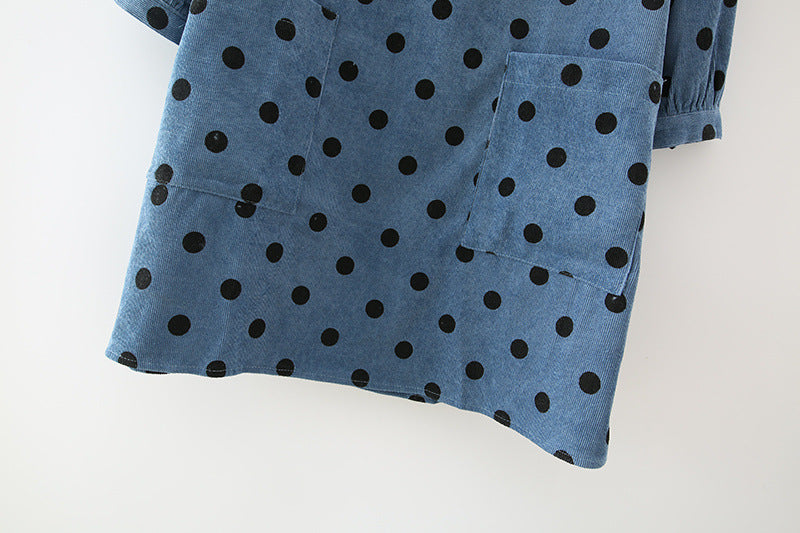 Polka Dot Lantern Sleeve Corduroy Mini Dresses
