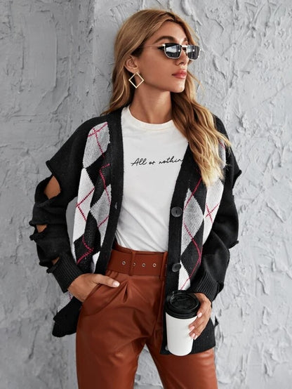 Argyle Pattern Knit Hollow-out Sleeves Sweaters