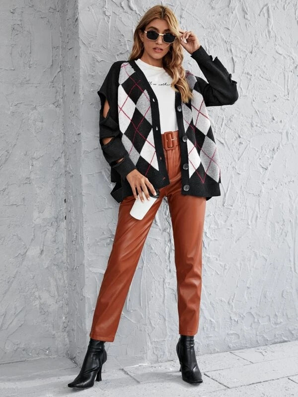 Argyle Pattern Knit Hollow-out Sleeves Sweaters