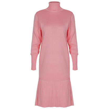 High-collared Ruffled Knit Pleated Sweater Mini Dresses