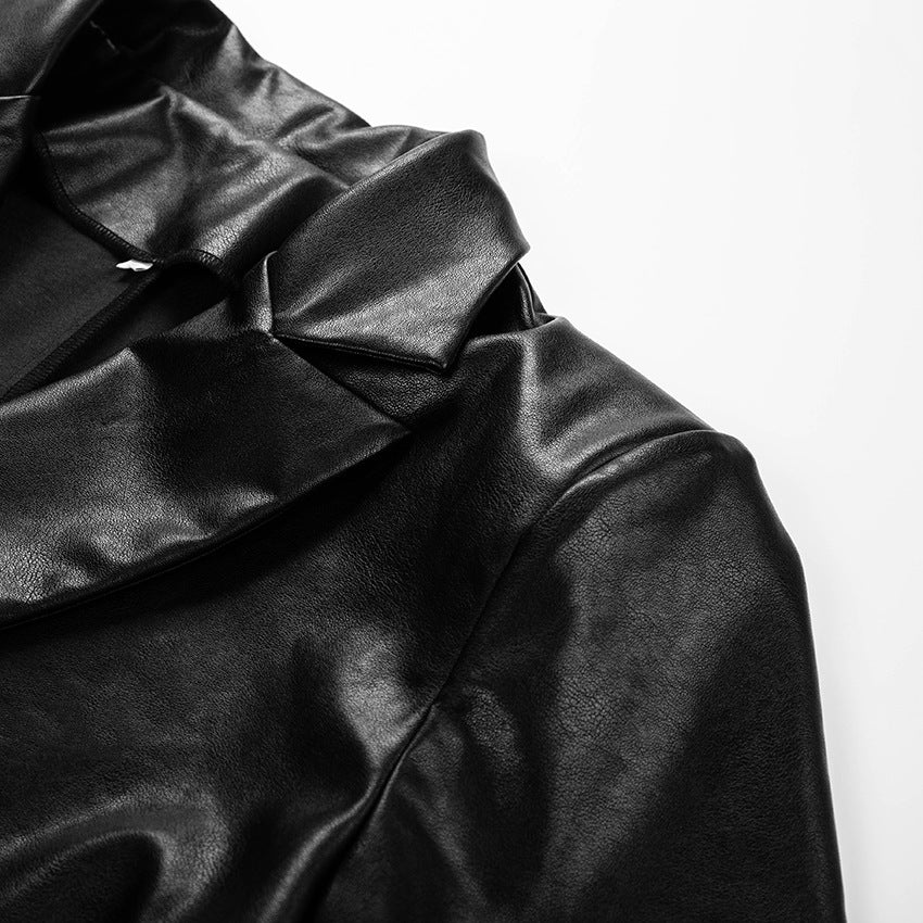 Lapel Double Breasted Leather Blazer Coat