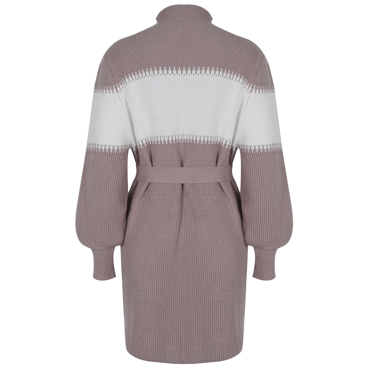 High Collar Lantern Sleeve Contrast Color Sweater Knit Mini Dress
