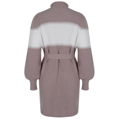 High Collar Lantern Sleeve Contrast Color Sweater Knit Mini Dress
