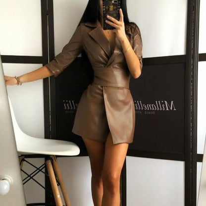 Lapel Blazer PU Belt Mini Dress Blazers Outerwear