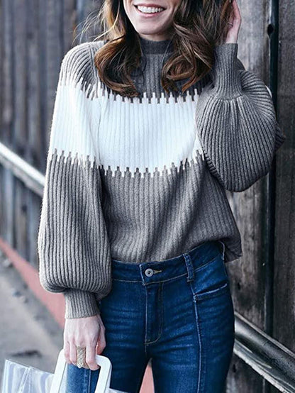 High-collared Lantern Sleeve Knit Splicing Sweaters