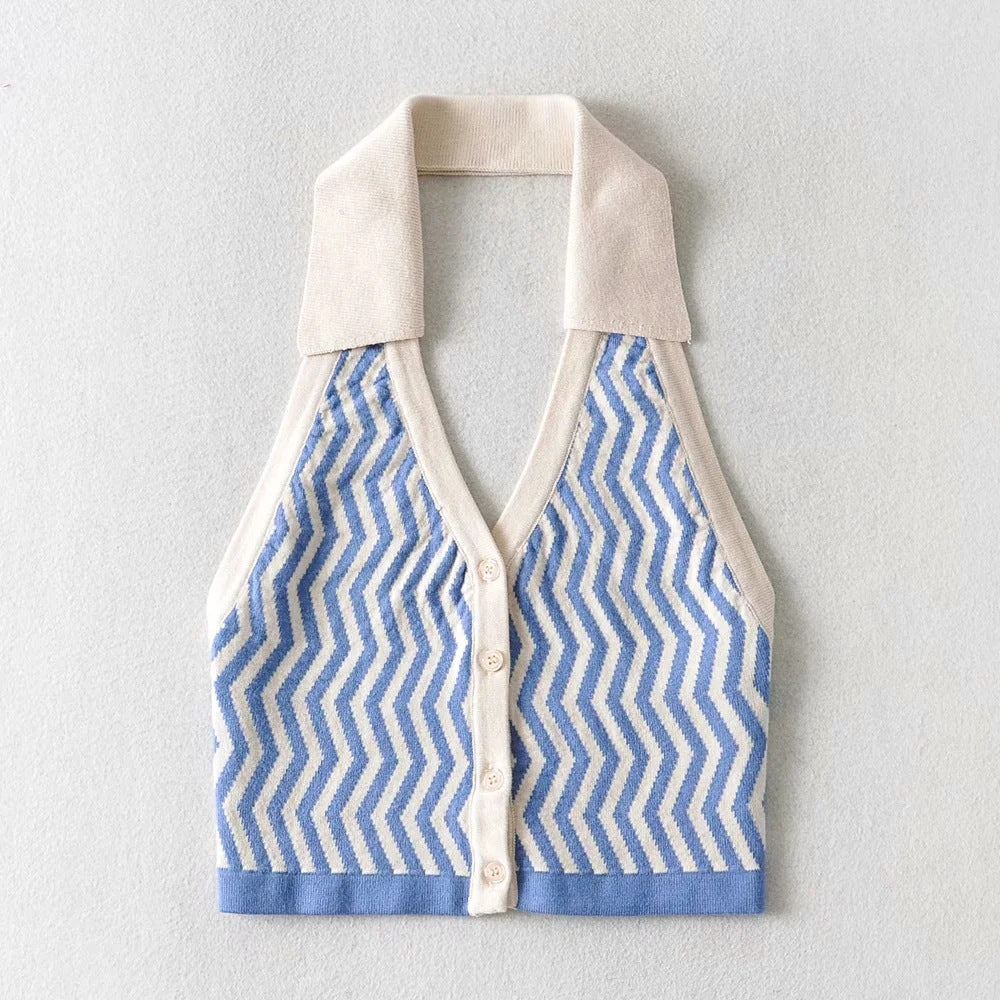 Single-breasted Knit Pile Collar Crop Camis Tank Tops Blouses