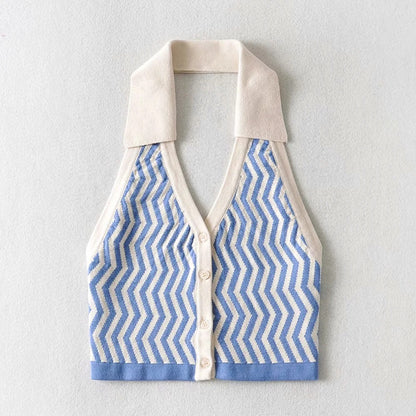 Single-breasted Knit Pile Collar Crop Camis Tank Tops Blouses