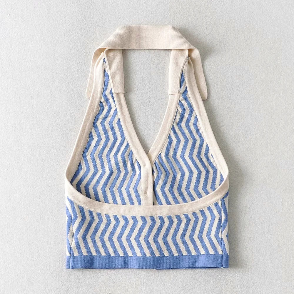 Single-breasted Knit Pile Collar Crop Camis Tank Tops Blouses