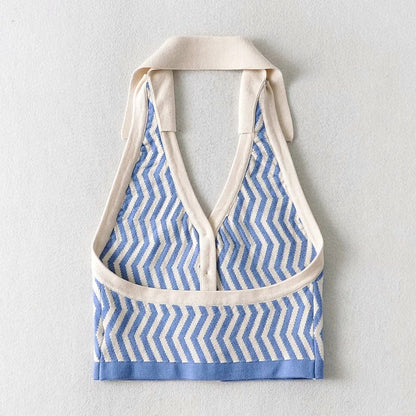 Single-breasted Knit Pile Collar Crop Camis Tank Tops Blouses