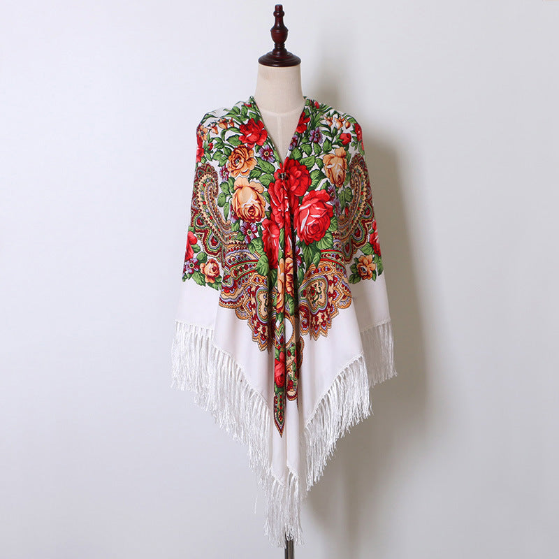 Ethnic Flower Print Square Scarf Shawl Fringed Scarves for Women Ladies Girls