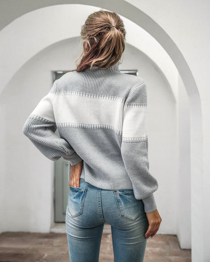 High-collared Lantern Sleeve Knit Splicing Sweaters