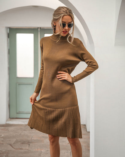 High-collared Ruffled Knit Pleated Sweater Mini Dresses