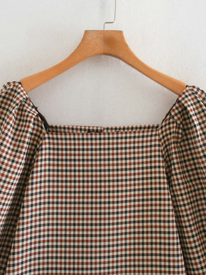 Square Collar Lattice Plaid Mini Dress