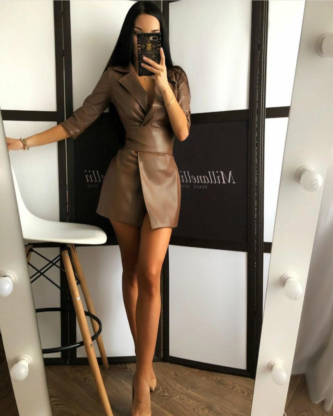 Lapel Blazer PU Belt Mini Dress Blazers Outerwear
