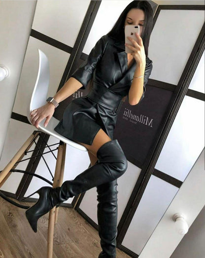 Lapel Blazer PU Belt Mini Dress Blazers Outerwear