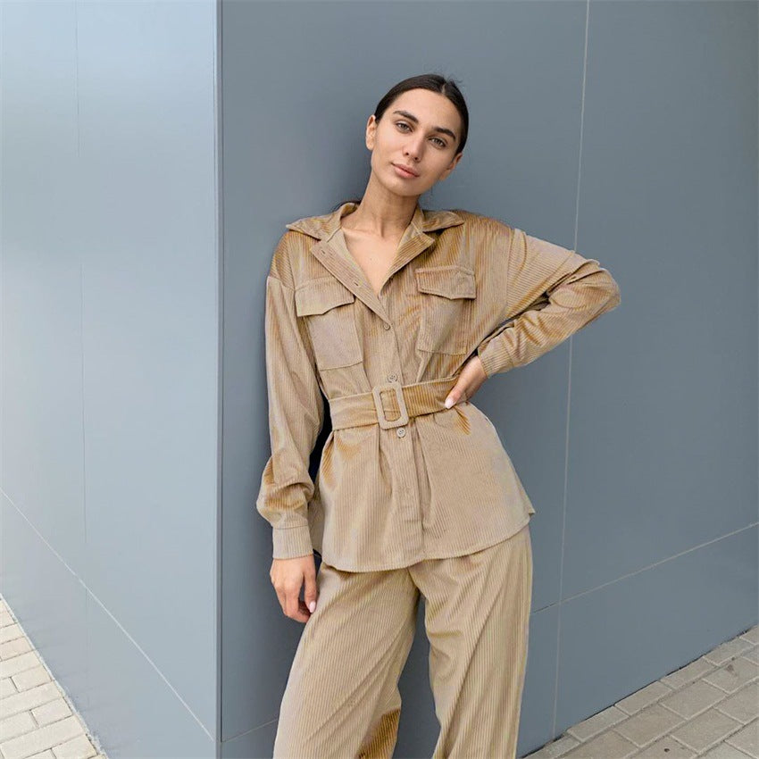 Corduroy Lace-up Elastic Waist Tops Slacks Belt Two-piece Set