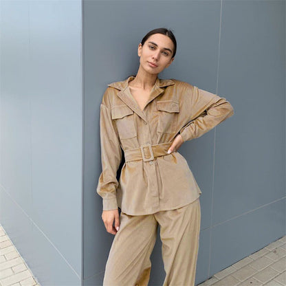 Corduroy Lace-up Elastic Waist Tops Slacks Belt Two-piece Set