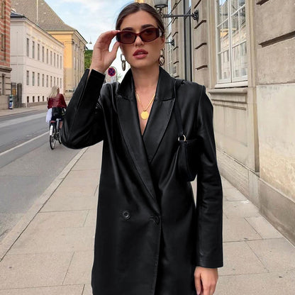 Lapel Double Breasted Leather Blazer Coat
