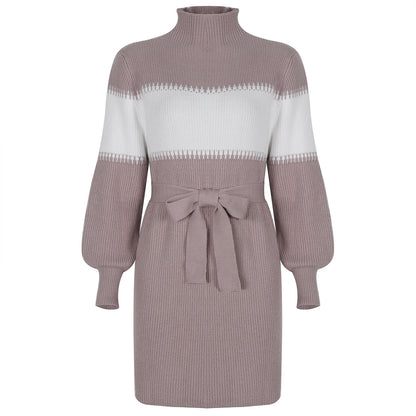 High Collar Lantern Sleeve Contrast Color Sweater Knit Mini Dress