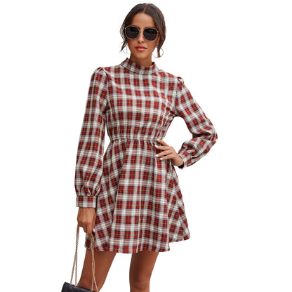 Vintage High-collared Plaid Lantern Sleeve Mini Dresses