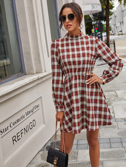 Vintage High-collared Plaid Lantern Sleeve Mini Dresses