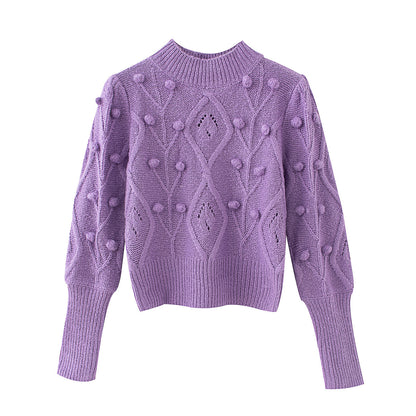 Lantern Sleeve Splicing Lingge Stand-up Collar Sweater