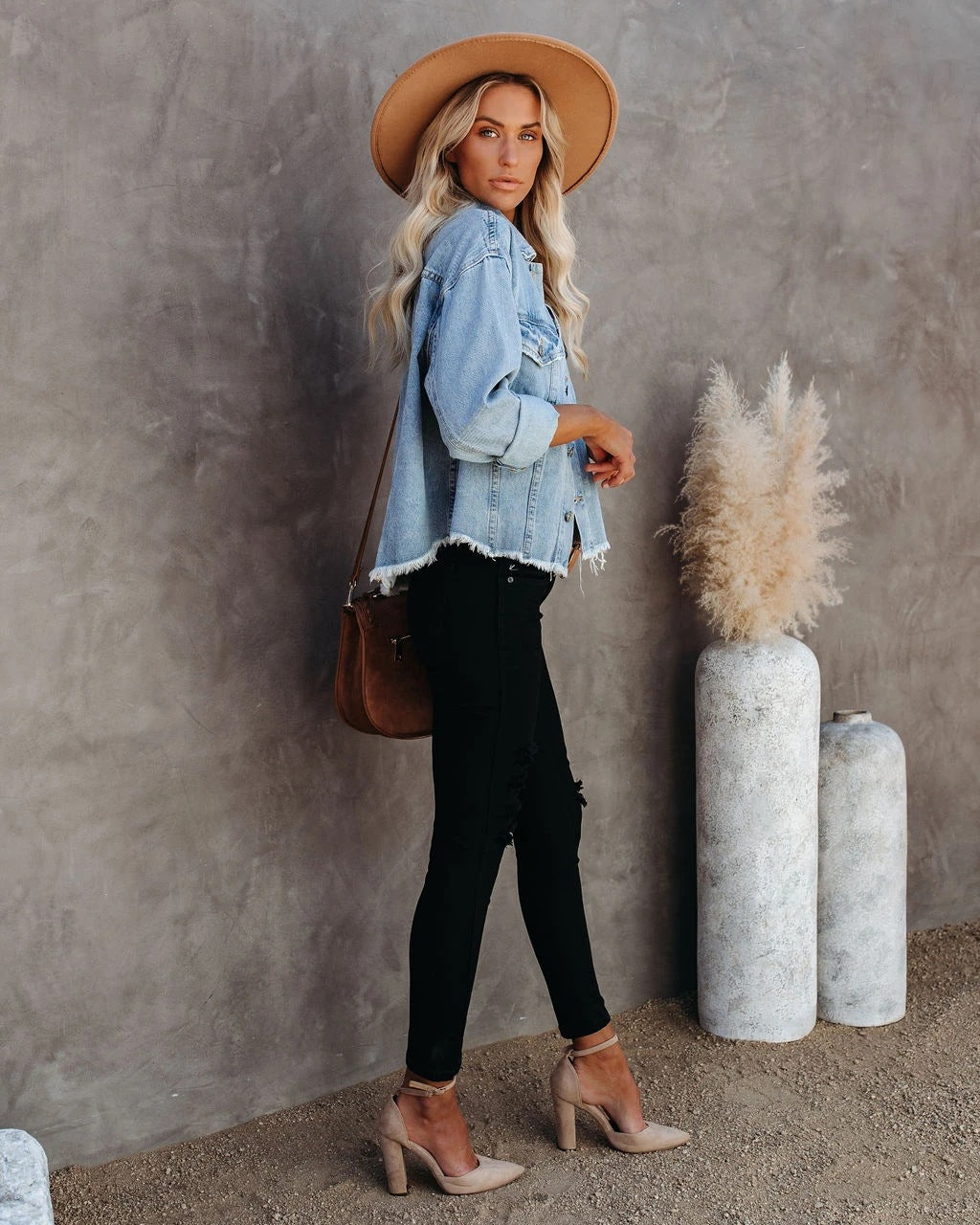 Denim Pile Collar Single-breasted Splicing Tassel Hem Outerwear