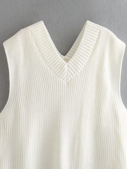 Knitted Sleeveless V-neck Long Vest Pullover Sweaters