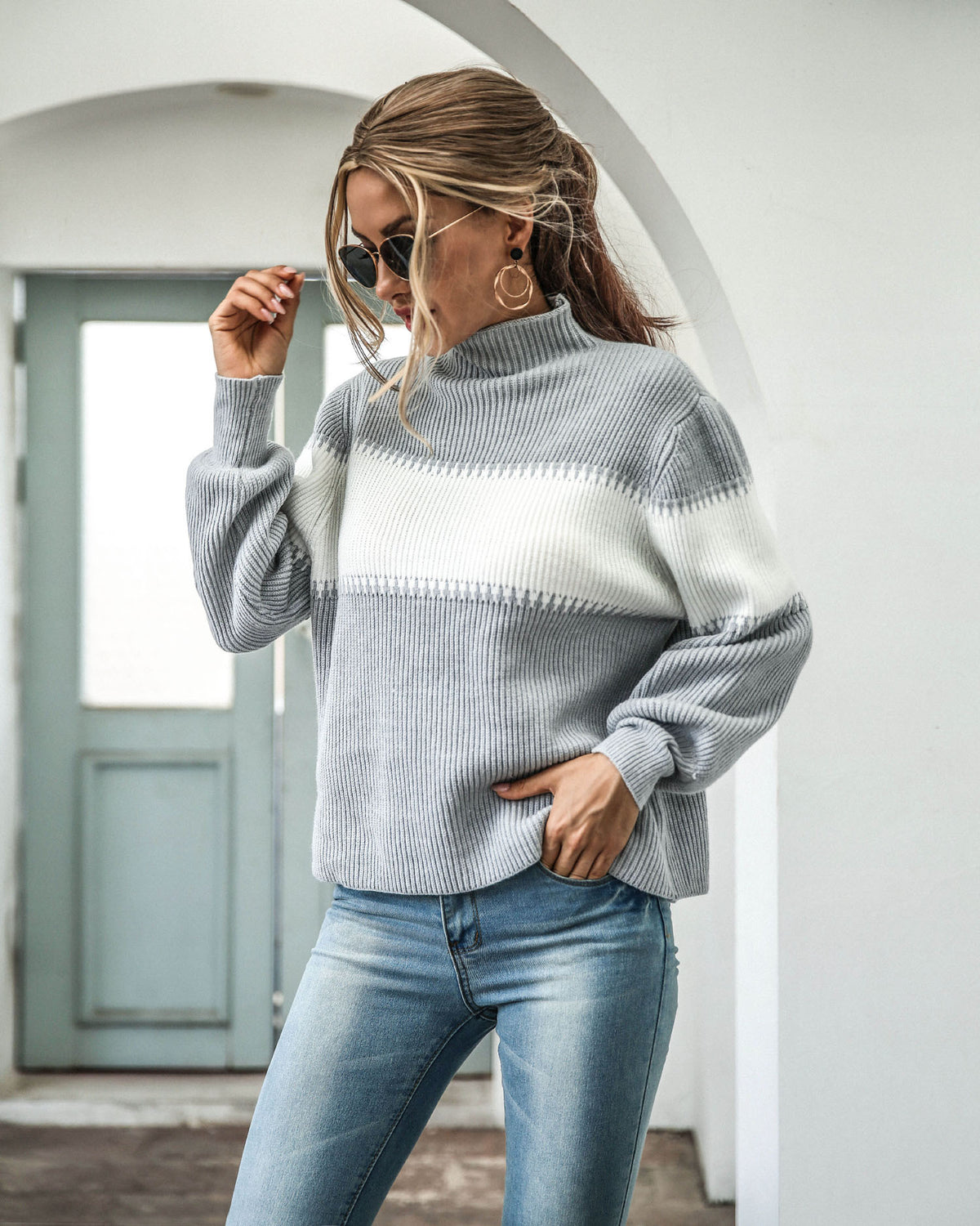 High-collared Lantern Sleeve Knit Splicing Sweaters